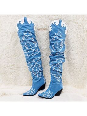 Turquoise Blue Embroidered White Western OTK Thigh High Slouch Cowboy Boots